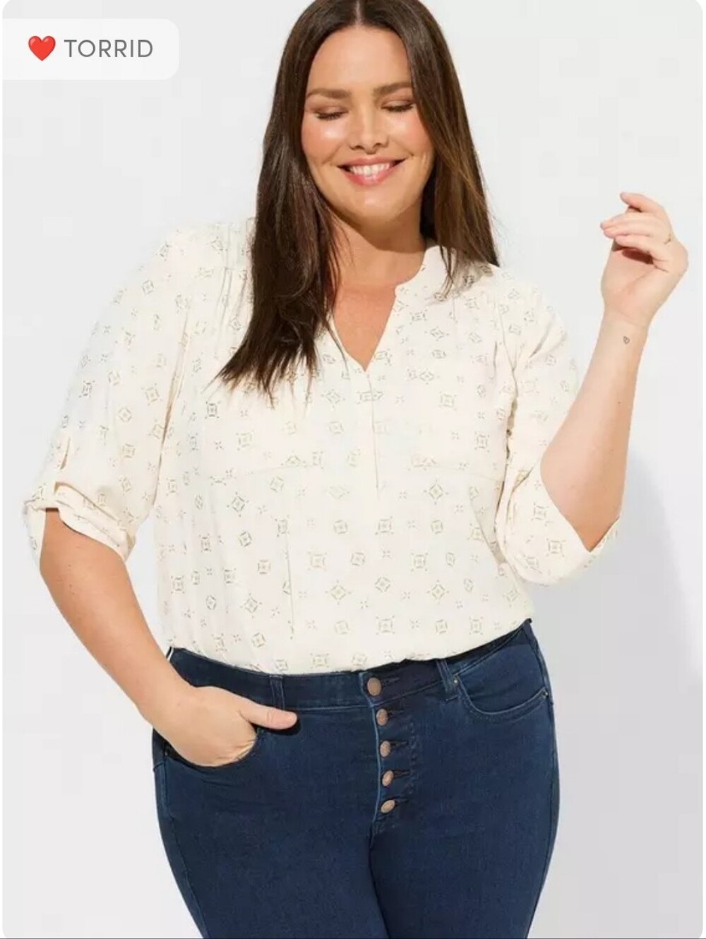 Torrid Cream Geometric-Print Split V Blouse